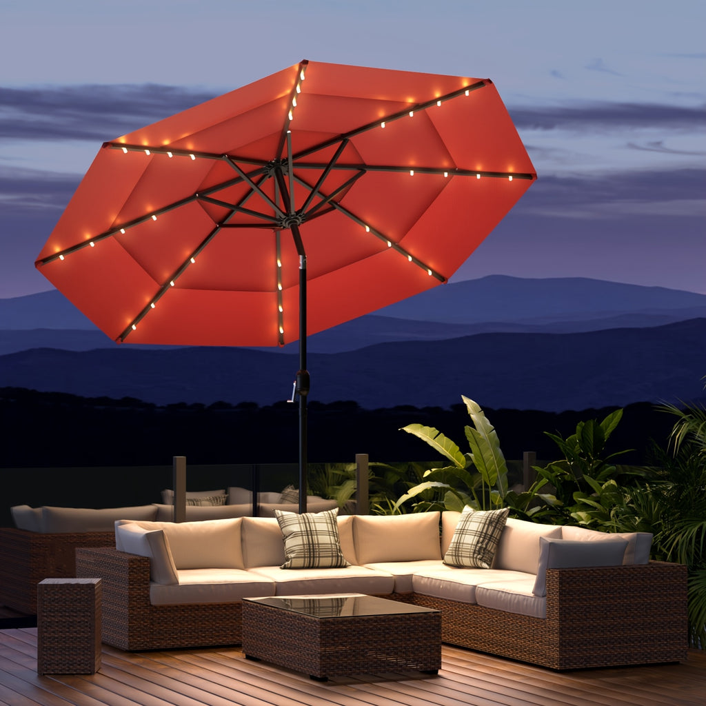 Triple Vented Patio Umbrella in Burgundy, 10ft or 11ft Outdoor Market Shade with Push-Button Tilt, Eight Ribs and 180GSM Yarn-Dyed Canopy for Garden Seating