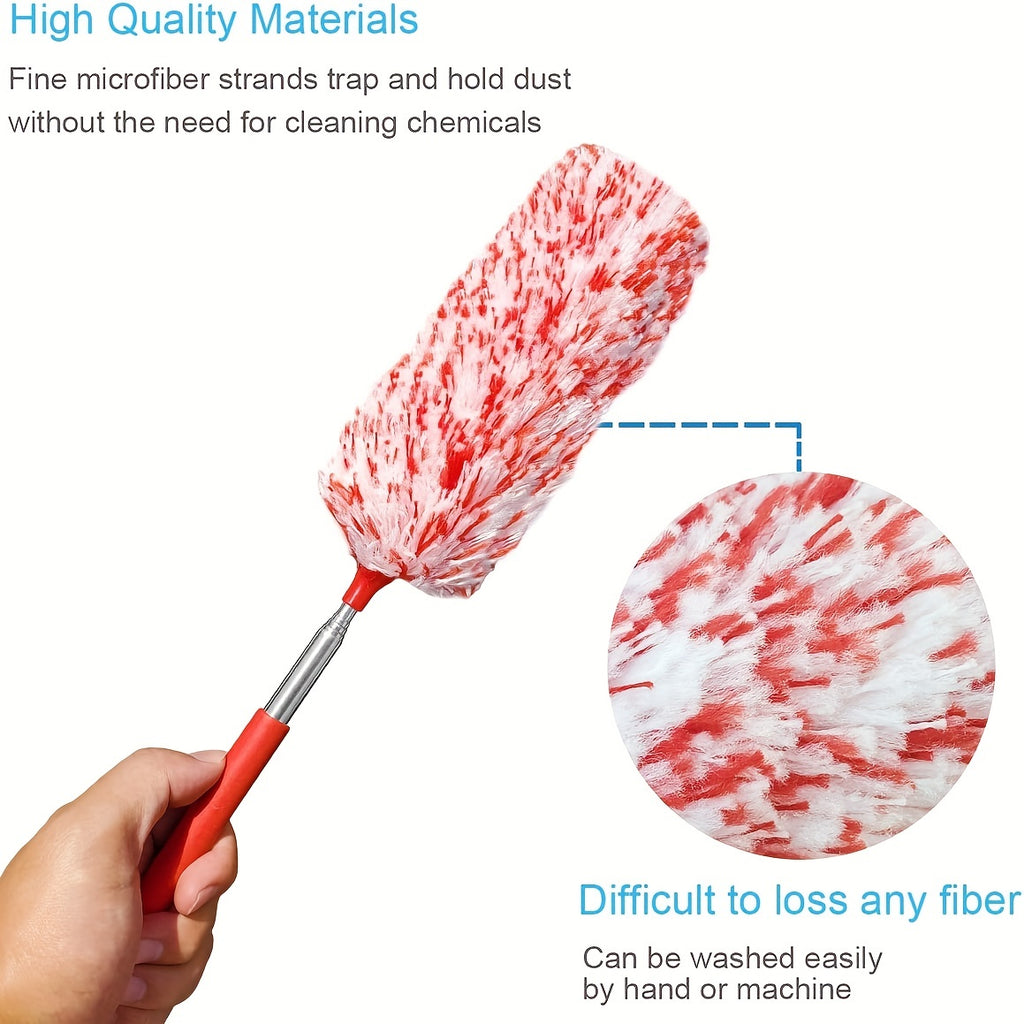 Extendable Microfiber Duster in Red, Washable Reusable Dusting Tool with Adjustable Reach for Everyday Home, Office, Car and Appliance Exterior Cleaning