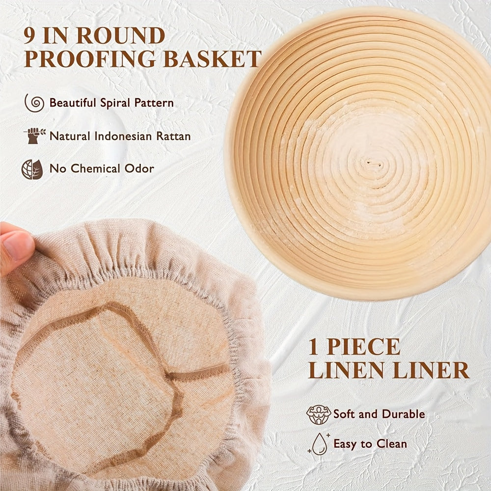 Sourdough Bread Baking Kit with 9-Inch Round Banneton Proofing Basket and Glass Starter Jar, Home Fermentation Supplies for Artisan Bread Making and Baker Gifts