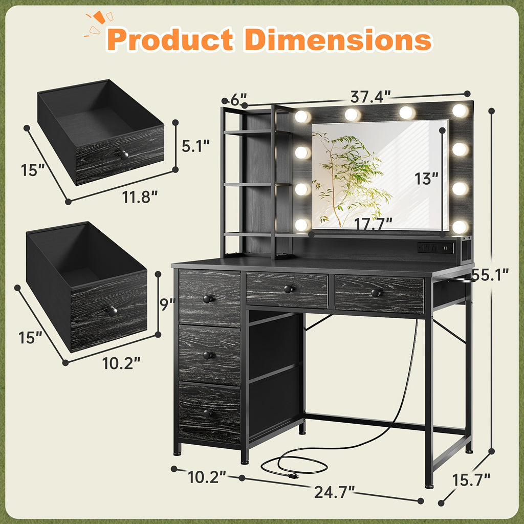 Black Vanity Desk with Lighted Mirror and Five Fabric Drawers, Three Lighting Modes, Adjustable Brightness and Listed Power Outlet for Bedroom Makeup Storage