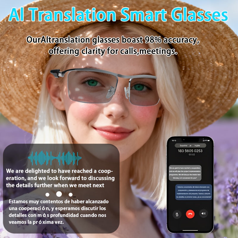 AI Audio Translation Glasses with Listed Microphone, Speaker, Music and Call Features, Full-Frame and Semi-Frame Style Options for Adult Travel and Office Conversations