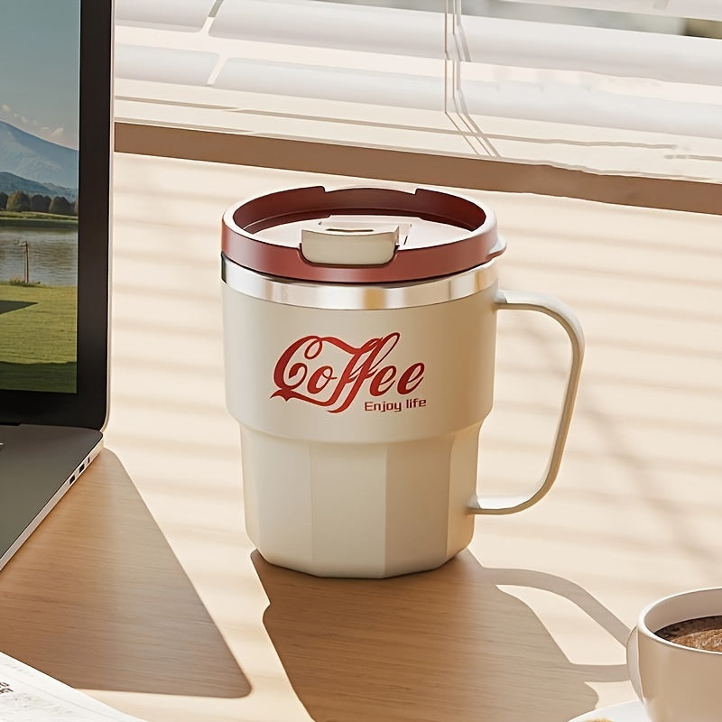 Double-Layer Insulated Coffee Mug with Lid in Grey White, Single Covered Cup for Hot and Cold Drinks, Everyday Beverage Breaks and Coffee Lover Gifts