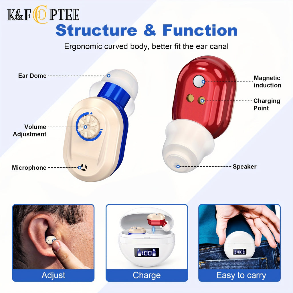 Rechargeable Hearing Device Pair K&FCOPTEE with Digital Display Charging Case, Rotary Volume Control, Six Silicone Ear Domes and Cleaning Accessories