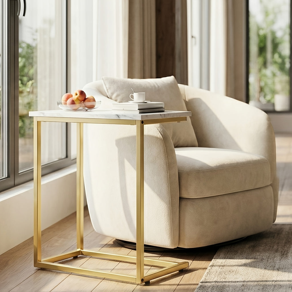 C-Shaped Sofa Side Table with Metal Frame, Marble-Pattern, Gray or Brown Options for Living Room Seating, Bedroom Essentials and Home Office Surface Space