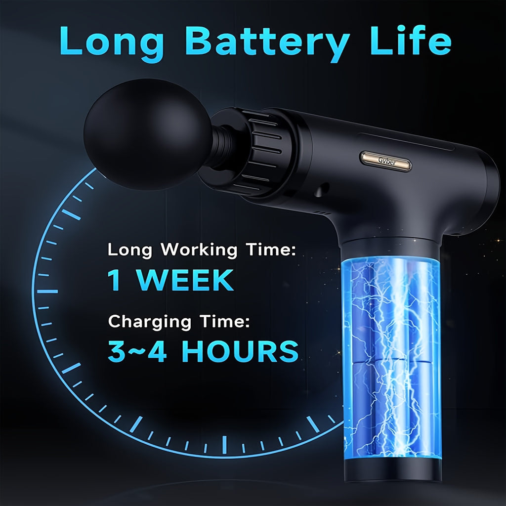 Rechargeable Percussion Massage Gun with 6 Massage Heads, LED Speed and Battery Display, Ergonomic Handheld Design and USB Charging Cable for Home and Gym