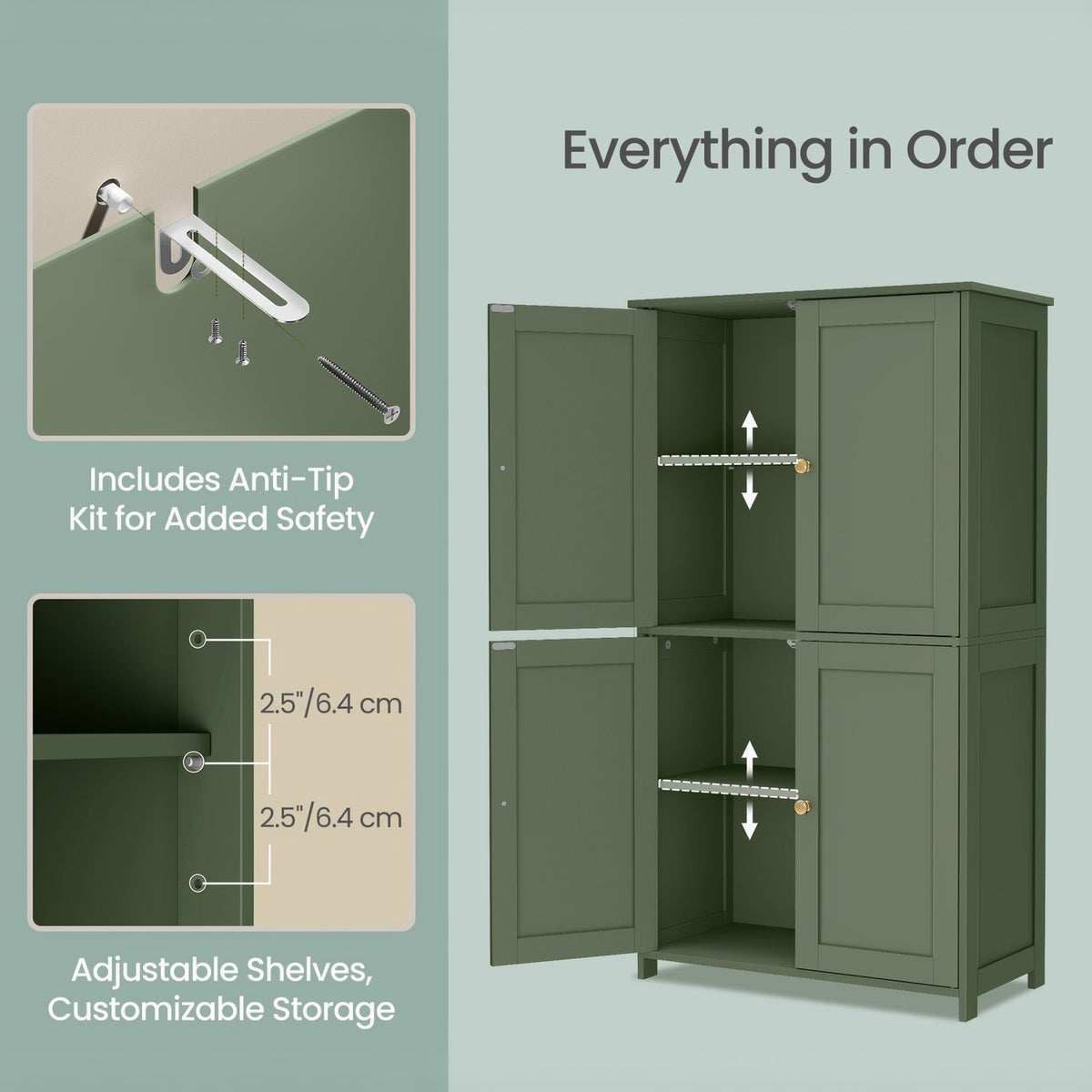 Shaker Style Floor Storage Cabinet with Four Doors, Two Cupboards and Two Adjustable Shelves, Green, White or Blue Freestanding Organizer for Home Essentials