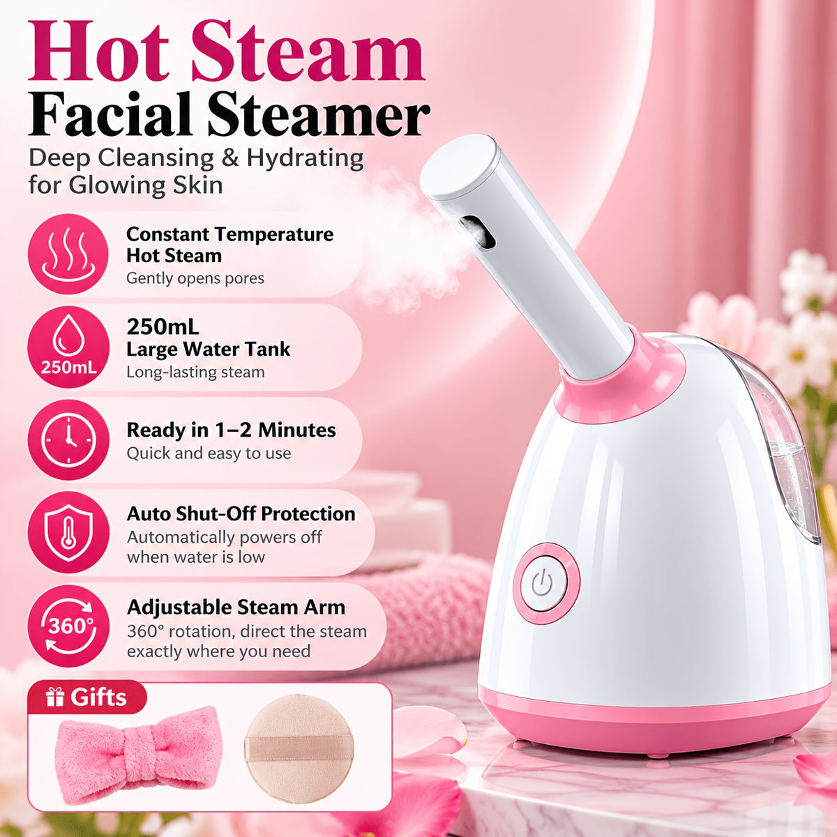 At-Home Facial Steamer Options for Personal Skin Care, Portable, Upgraded and Flagship Models with Listed Rotatable Arm and Accessory References
