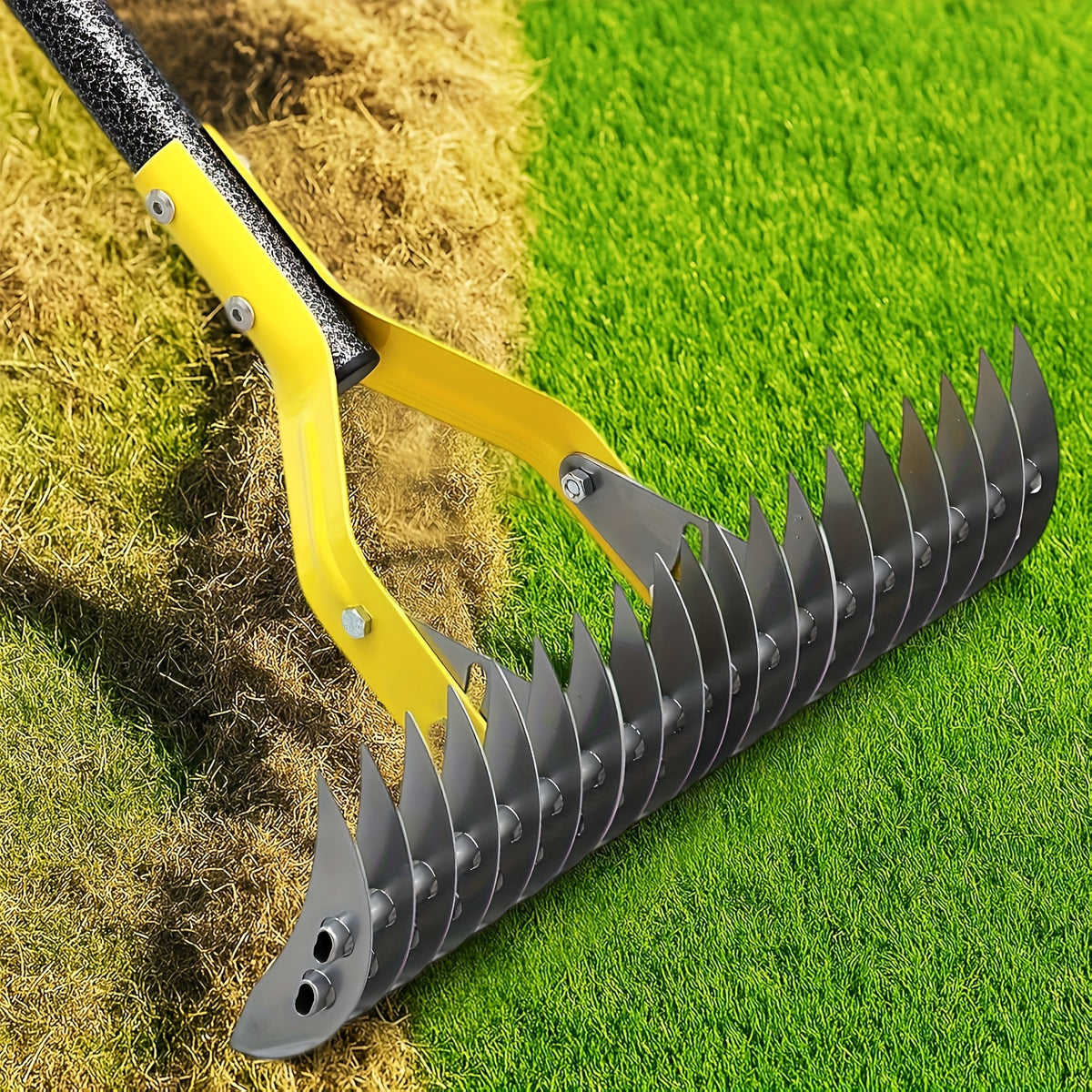 Thatch Rake with Listed 15-Inch Dethatching Blade, Manual Dual-Action Lawn Scarifier in 55inch or 72inch Models for Dead Grass Removal and Yard Care