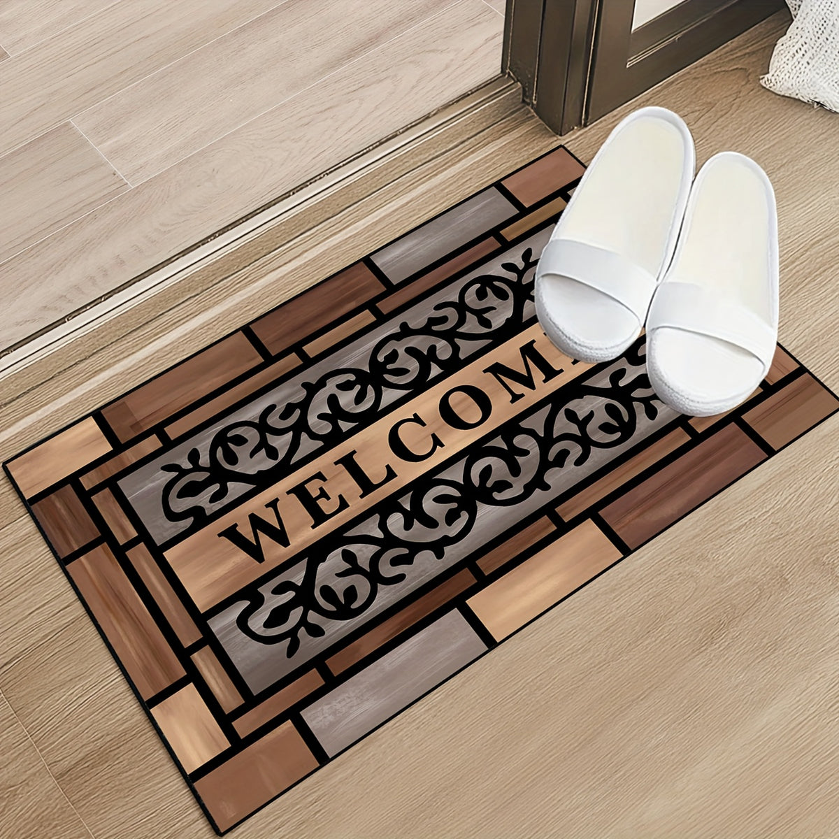 Wood-Pattern Welcome Doormat for Indoor Entryways, Decorative Entrance Floor Mat with Listed Non-Slip Design for Hallways and Home Styling