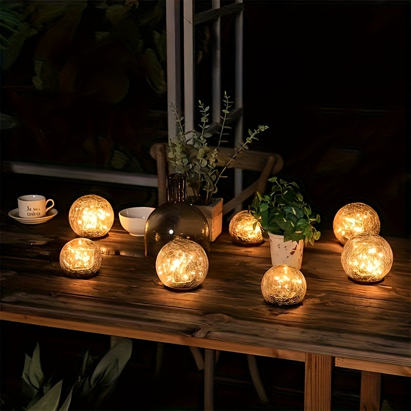 Solar Globe Garden Lights with Crackle Glass Balls and Ground Stakes, Four-Piece Large-Size Set in Warm or Colorful Options for Patio and Border Decor