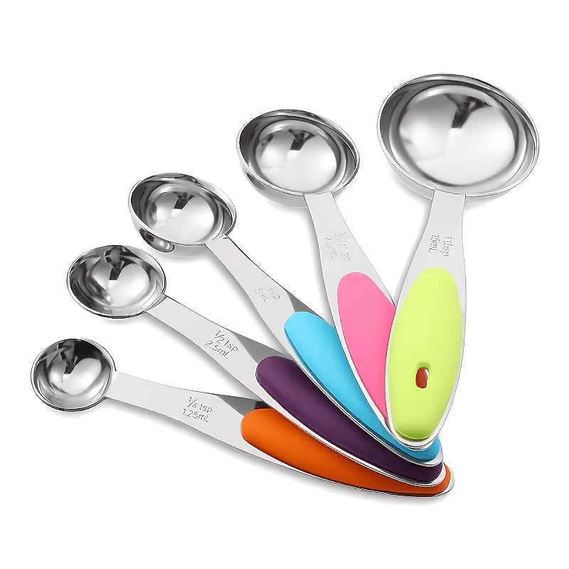 Measuring Spoons with Spare Silicone Handles, Five Stainless Steel Spoons Plus Five Replacement Handles in a 10-Piece Kitchen Cooking and Baking Set