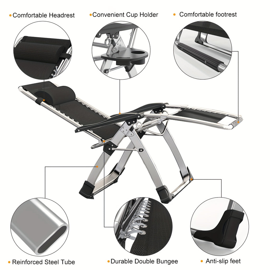 Zero Gravity Folding Lounge Chair with Listed Detachable Cushion and Cup Holder, Reclining Seat in Black, Gray, Light Gray or Blue and Gray Options