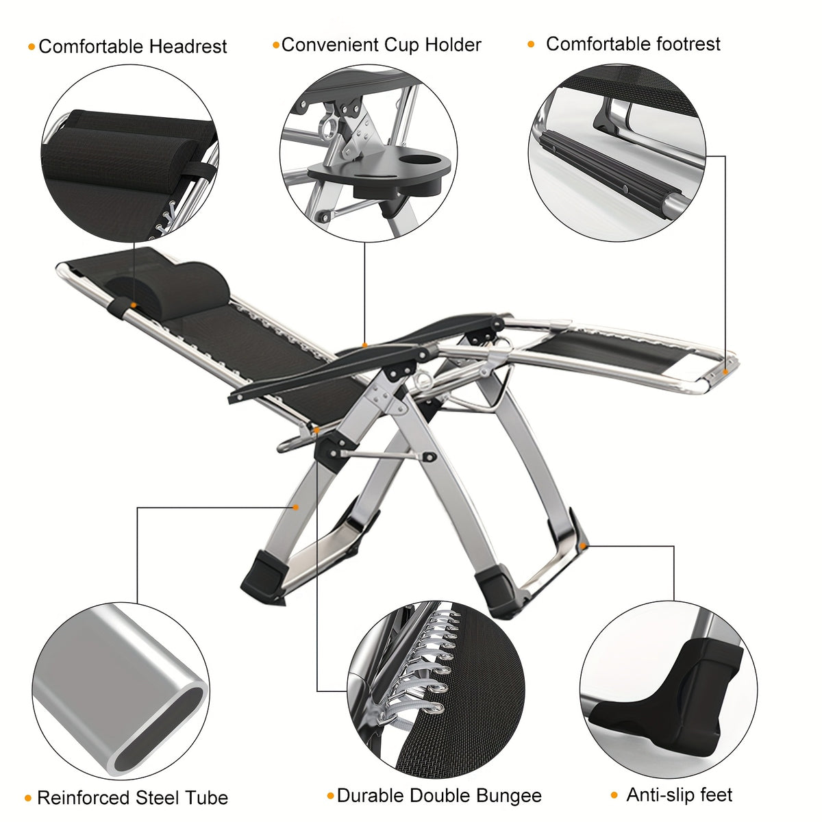 Zero Gravity Folding Lounge Chair with Listed Detachable Cushion and Cup Holder, Reclining Seat in Black, Gray, Light Gray or Blue and Gray Options