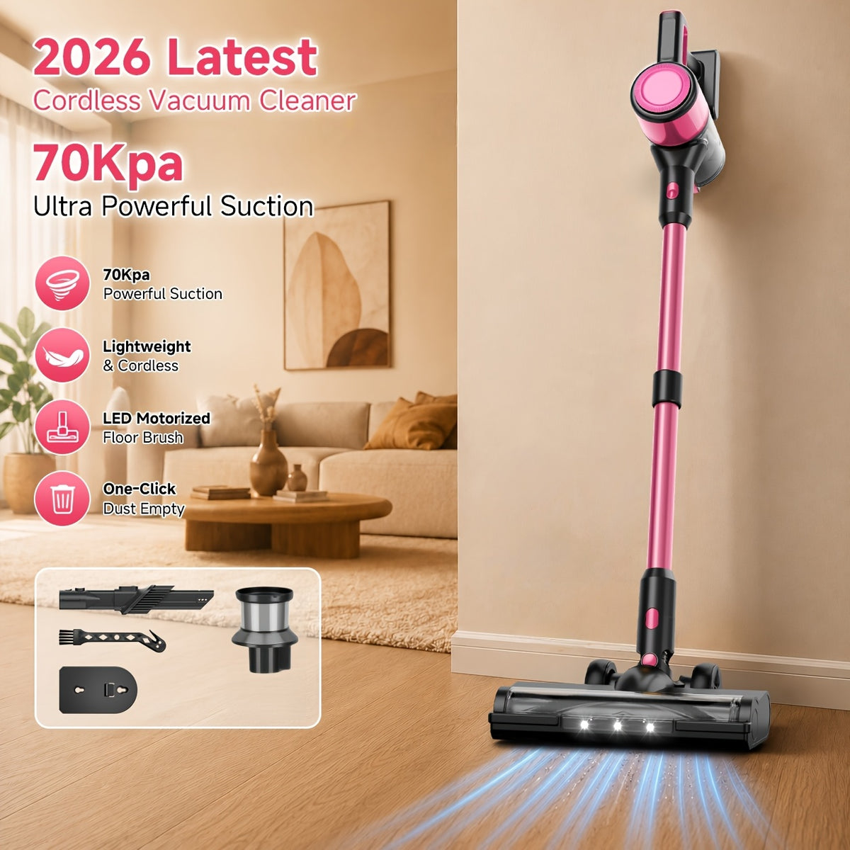 2026 Upgraded Cordless Vacuum Cleaner, 70Kpa High Suction, Multi-Speed Adjustment, HEPA Filtration, Anti-Tangle Brush, Low-Noise Motor, Long-Lasting Battery, Lightweight, Hard Floors, Carpets, Pet Hair, Curtains, Cars