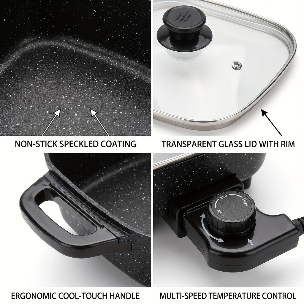 Square Mini Electric Cooking Pot with Listed 8-Inch Size, Nonstick Speckled Coating and Glass Lid, Regular, Upgraded Utensil Bundle and Red Enamel Model Labels