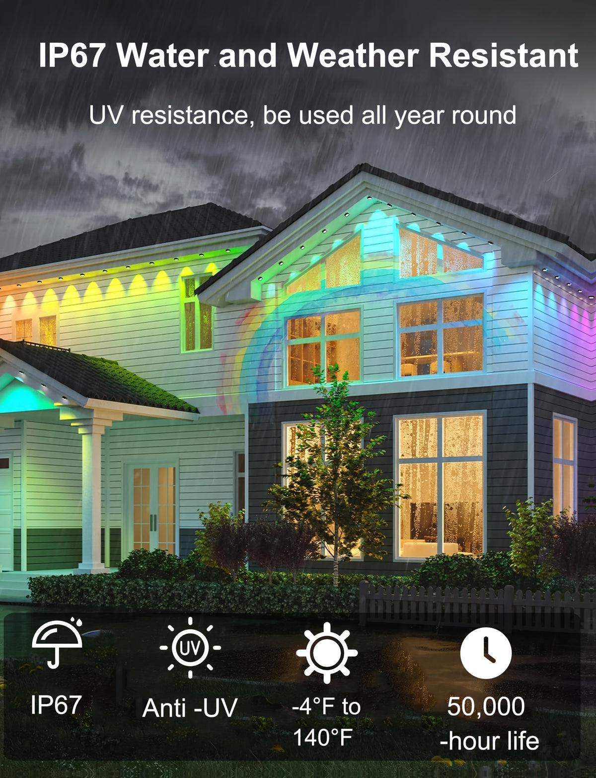 RGB Multicolor Eaves Lights with App and Remote Control, Music Sync, Timer and Dimming, 49ft, 100ft or 200ft for Outdoor Holiday House Decor