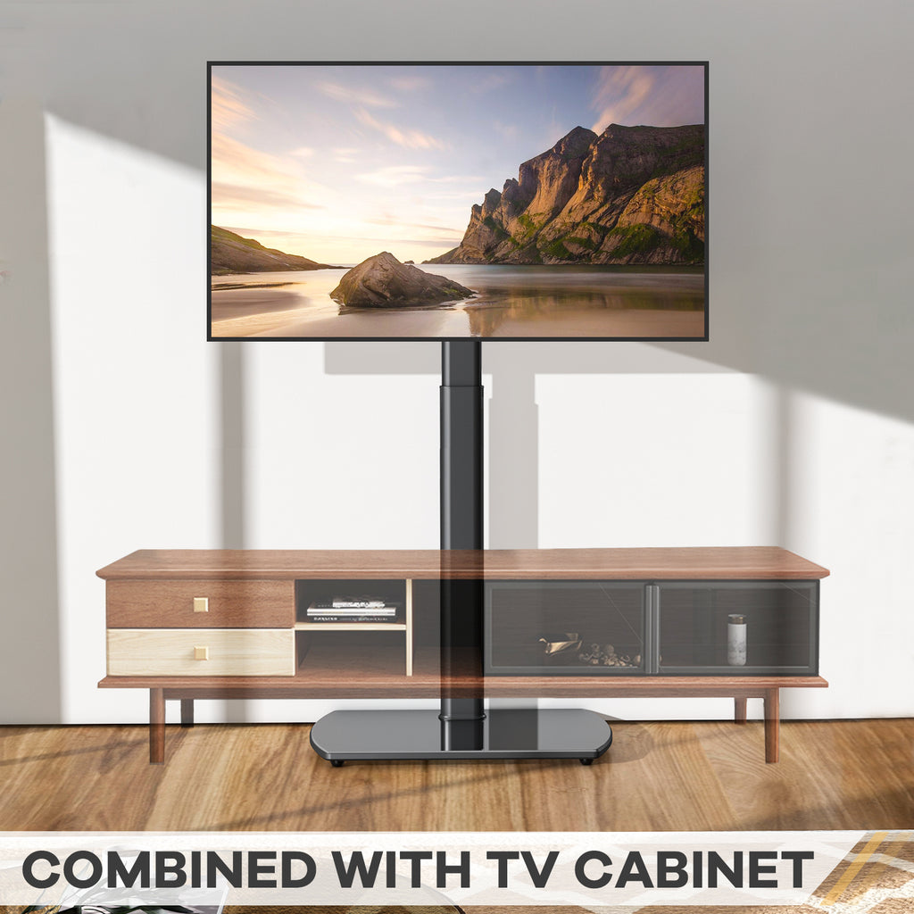 Swivel TV Floor Stand with Adjustable Height and Tempered Glass Base, Cable Management and Black or White Options for Compatible 32–65 Inch Television Setups