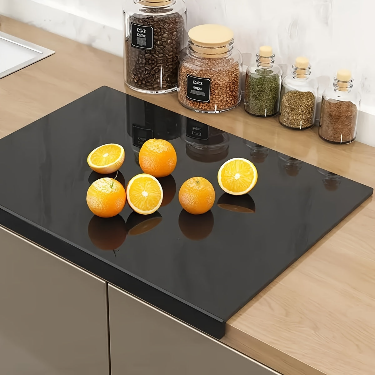 Black Cutting Board with Counter Lip, PET Kitchen Prep Board with Listed 2cm Edge and Four Non-Slip Pads for Countertop Slicing and Everyday Food Preparation