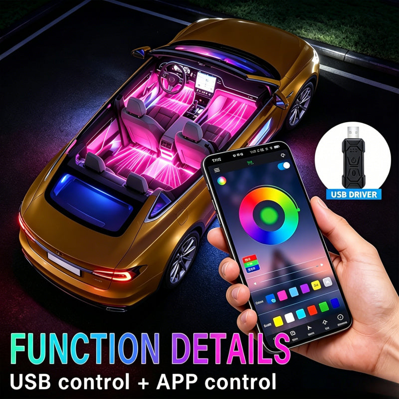 Fiber-Optic Car Ambient Light Strips with RGB LED Color and Listed 5V USB Power, Music-Synchronized 1A1 Interior Decoration for Compatible Dashboard and Console Areas
