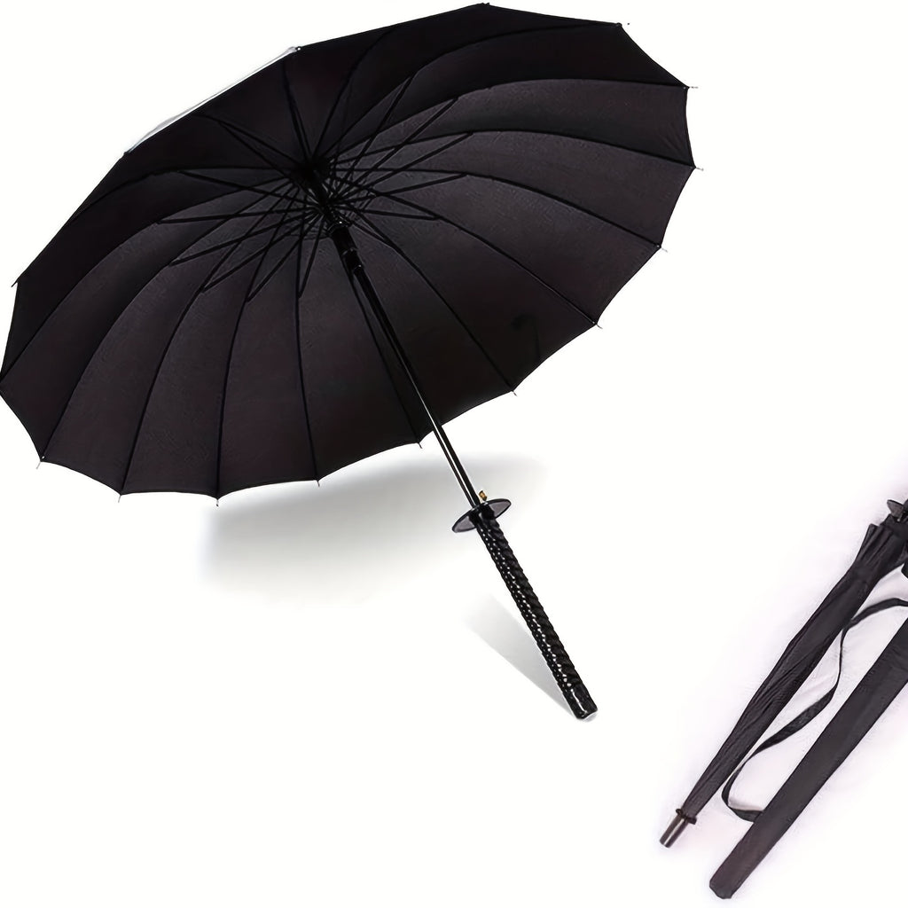 Samurai Umbrella in Black with Automatic Open and Close, Listed 24-Rib Steel Frame and Sword-Themed Styling for Rainy Days, Cosplay Outfits and Anime Fan Gifts