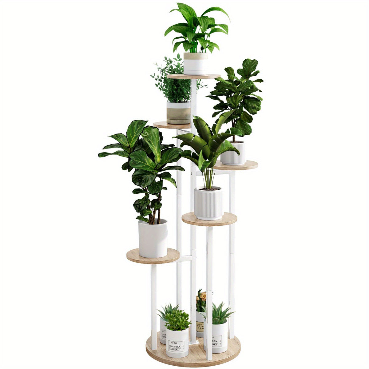 Six-Tier Metal Plant Stand by SUOERNUO with Listed Nine-Pot Display Layout, EVA Base Pads and Black or White Options for Indoor Corner Decor