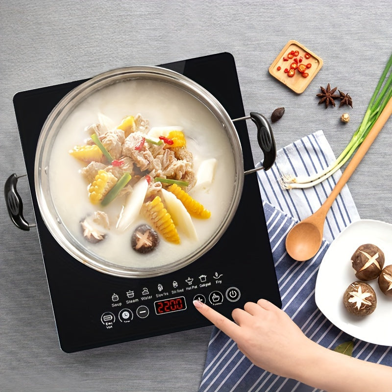 Portable Induction Cooktop with Black Crystal Touch Panel, Single Burner Electric Countertop Stove for Everyday Home Kitchen Cooking and Meal Preparation