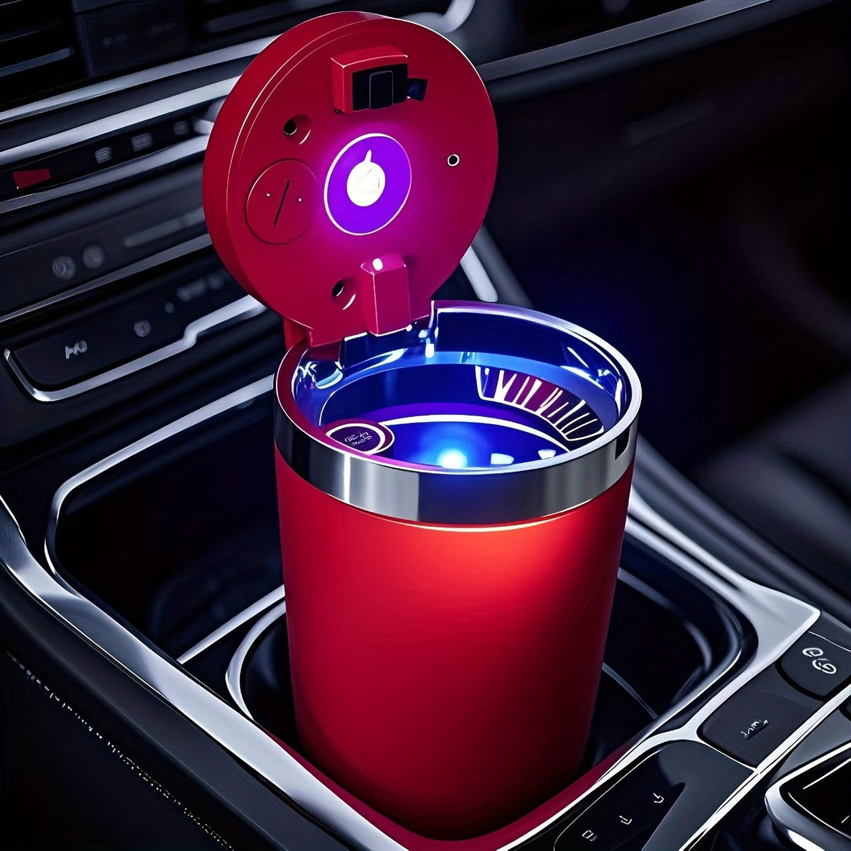 Automatic Car Ashtray with Detachable Cleaning Brushes, Compact Battery-Powered Vehicle Accessory in Black, Blue or Red Single and Paired Option Labels