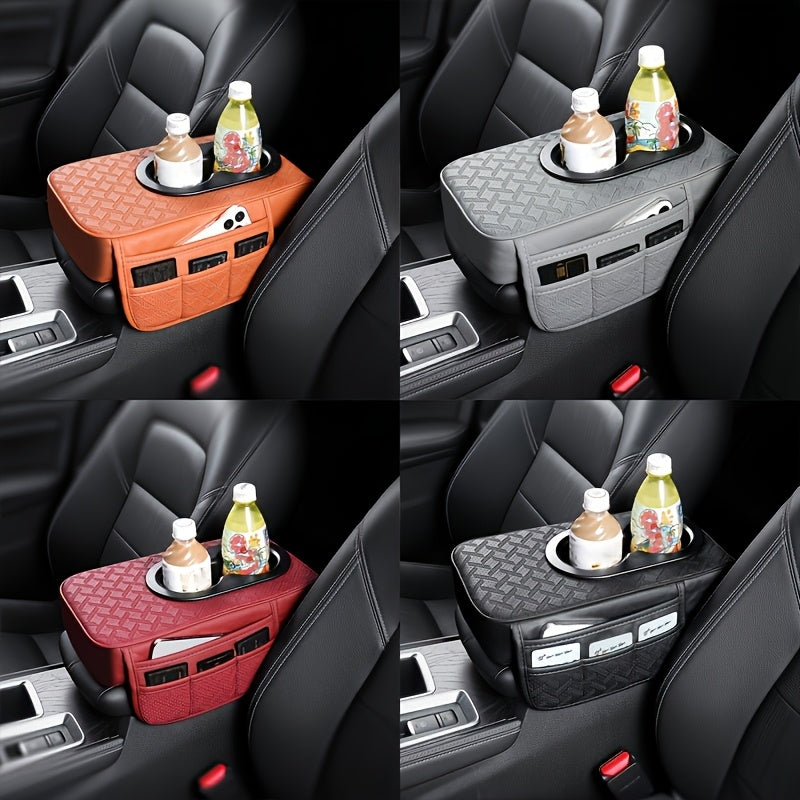 Car Armrest Storage Cover in PU Leather with Two Side Pockets and Two Cup Holders, Center Console Organizer with Tissue Bundle and Refill Options