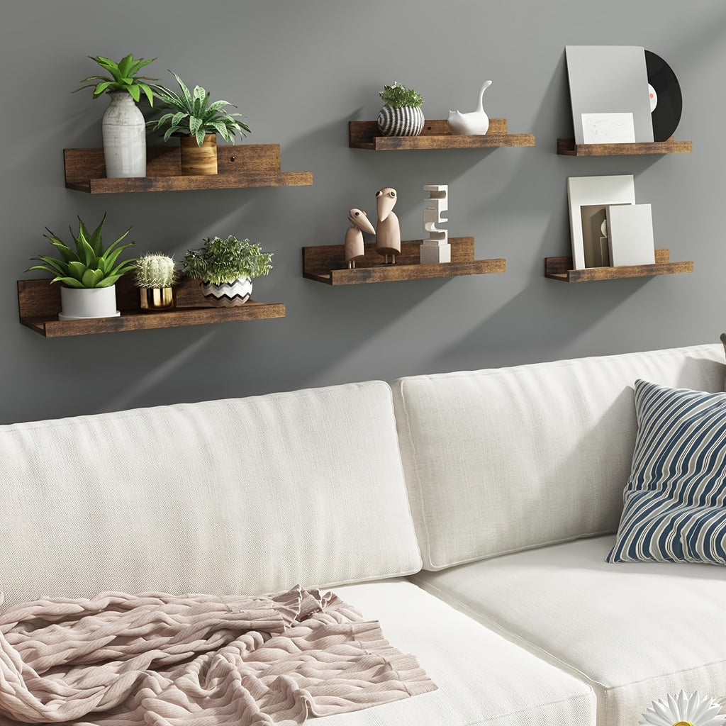 Six-Size Floating Wall Shelf Set with White, Brown or Black Options, Six Listed Wall-Mounted Shelves for Bedroom Organization and Decorative Home Displays