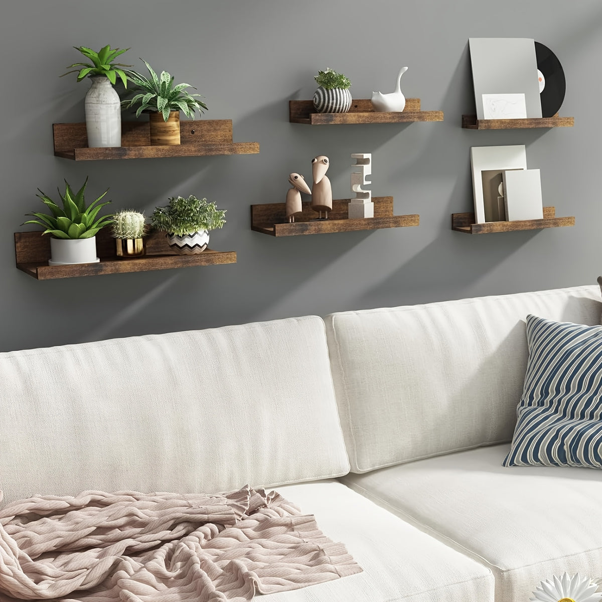 Six-Size Floating Wall Shelf Set with White, Brown or Black Options, Six Listed Wall-Mounted Shelves for Bedroom Organization and Decorative Home Displays