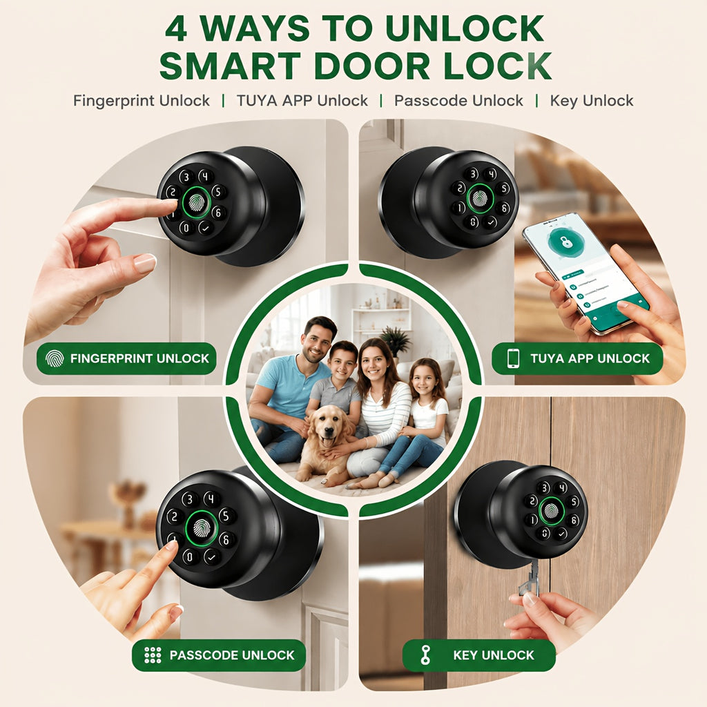 Matte Black Fingerprint Door Knob with Keypad, App Control and Auto Lock, Biometric Code Entry for Compatible Bedroom, Home and Office Doors