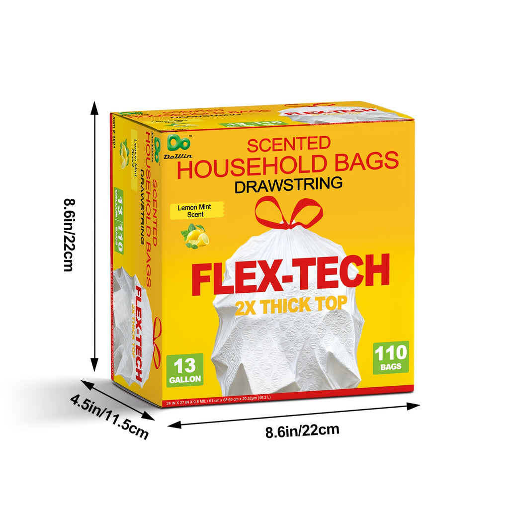 Lemon Scented Drawstring Trash Bags 13 Gallon, White Disposable Kitchen Bin Liners with Boxed Packaging Reference and 20, 55, 110 or 165 Quantity Labels