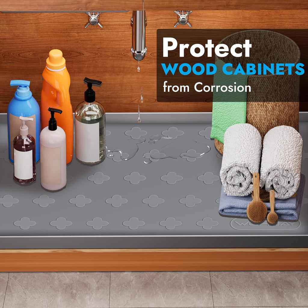 Under Sink Silicone Mat with Raised Edge, 34 x 22 or 17 x 12.6 Inch Cabinet Liner and Drip Tray in Dark Grey or Grayish White with Two-Pack Options