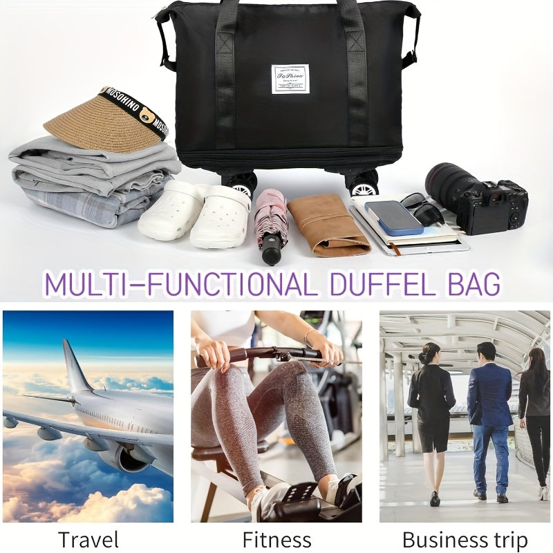 Wheeled Travel Storage Bag with Foldable Nylon Design, One-Piece Blue, Black, Pink or Purple Options for Vacation Clothing Packing and Home Organization