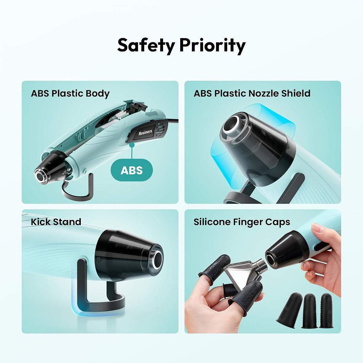 Dual-Temperature Craft Heat Gun by Resiners, Listed 350W Resin Heat Tool with Three Nozzles, Finger Caps and 4.9ft Power Cord for Embossing and Shrink Wrap