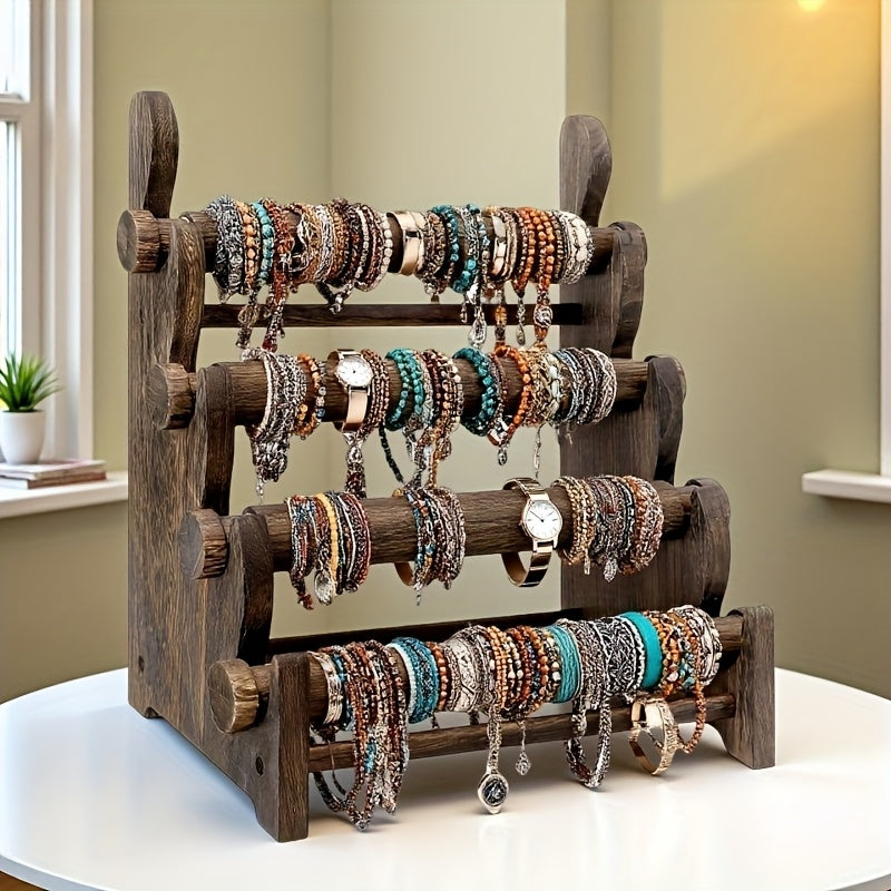 Wooden Bracelet Organizer, 4-Tier Vintage Jewelry Display Rack for Necklaces, Watches and Hair Ties, Desktop Storage for Dresser & Vanity
