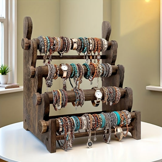 Wooden Bracelet Organizer, 4-Tier Vintage Jewelry Display Rack for Necklaces, Watches and Hair Ties, Desktop Storage for Dresser & Vanity
