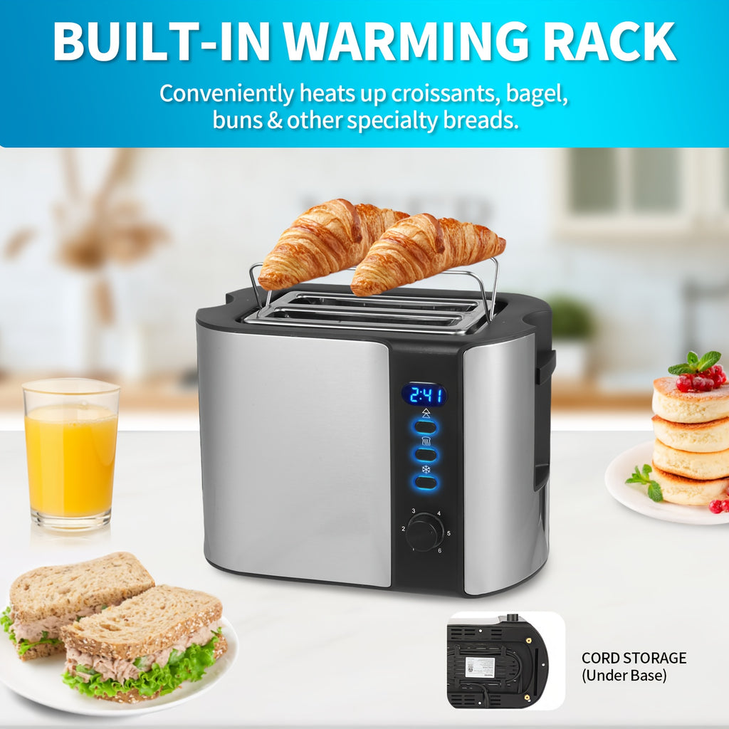 Wide Slot Toaster by TESSLUX, 2-Slice Stainless Steel Breakfast Toaster with Six Toast Settings, Reheat, Defrost, Cancel, Warming Rack and Countdown Timer