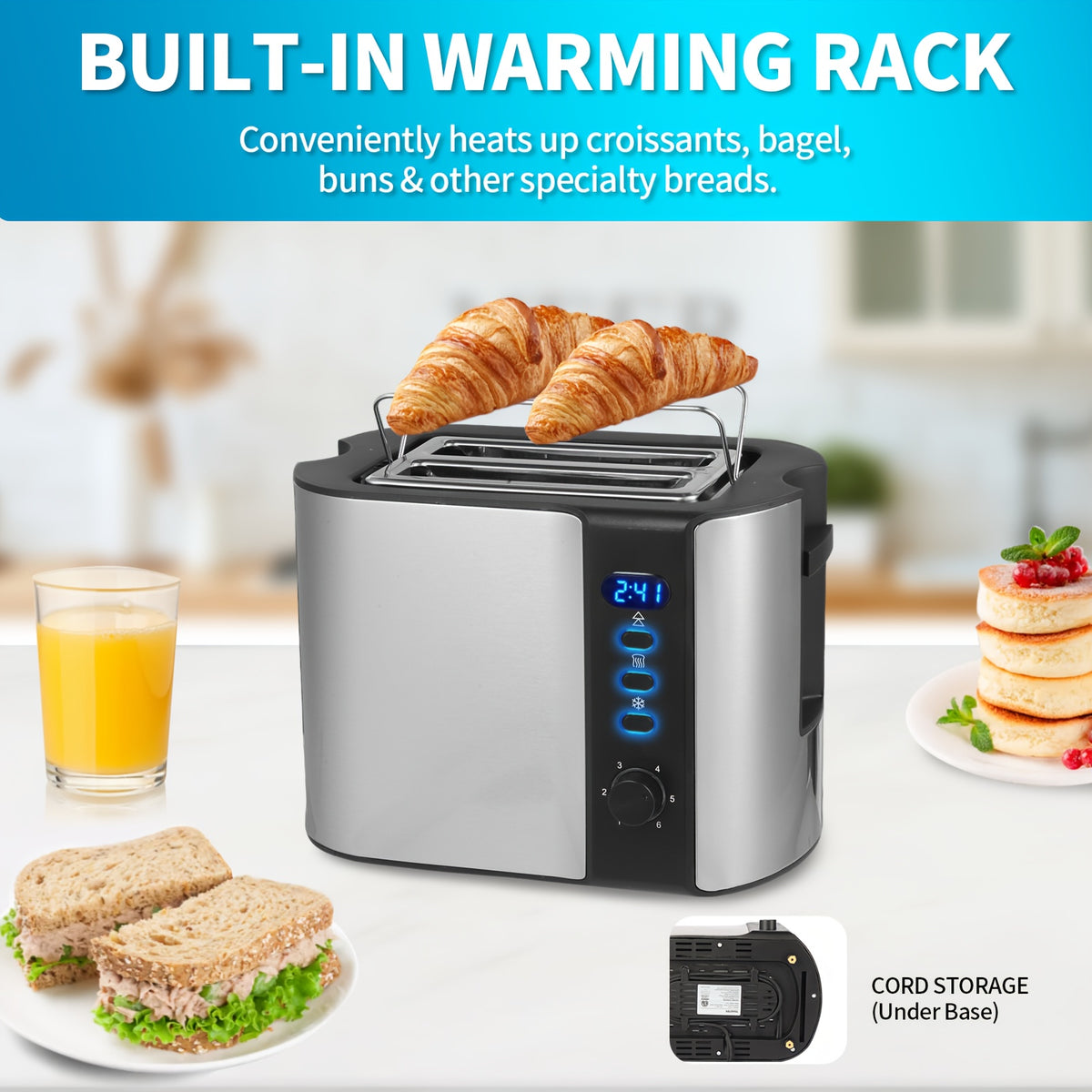 Wide Slot Toaster by TESSLUX, 2-Slice Stainless Steel Breakfast Toaster with Six Toast Settings, Reheat, Defrost, Cancel, Warming Rack and Countdown Timer
