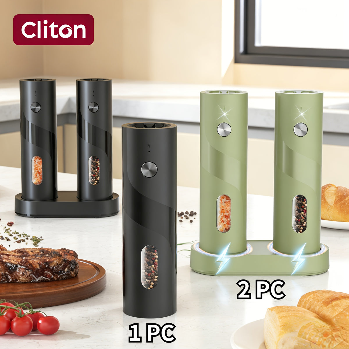 LED Salt and Pepper Grinder with Rechargeable Electric Grinding and Adjustable Coarseness, Black or Green Options Including Two-Piece Charging-Base Labels