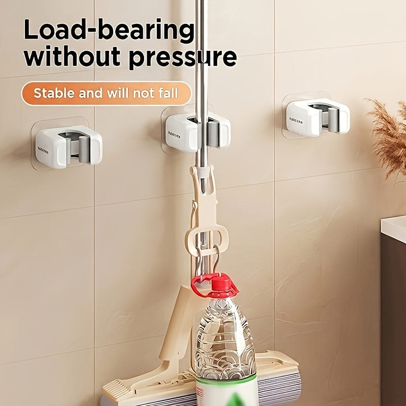 White Mop and Broom Holder Two-Piece Set with No-Drill Wall-Mount Design for Compatible Cleaning Tools, Kitchen, Bathroom and Household Storage Organization