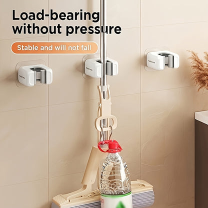 White Mop and Broom Holder Two-Piece Set with No-Drill Wall-Mount Design for Compatible Cleaning Tools, Kitchen, Bathroom and Household Storage Organization