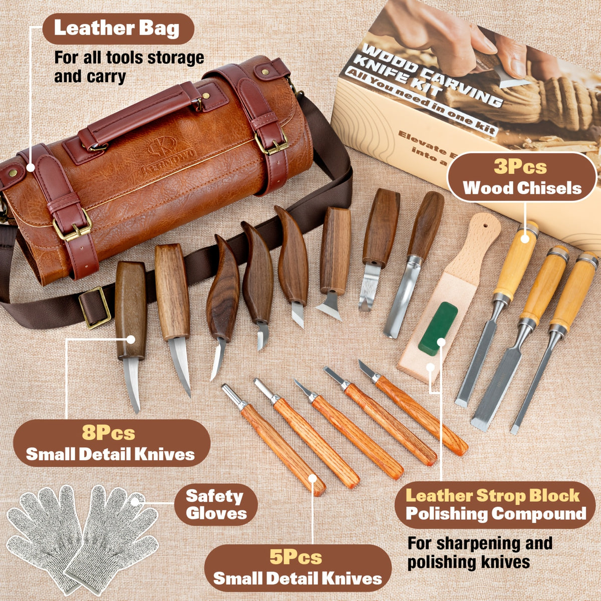 Wood Carving Knife Set with 15, 17, 20 or 23-Piece Options, Listed PU Case Packages and Detail, Hook and Geometric Tool Wording for Adult Woodworking Crafts
