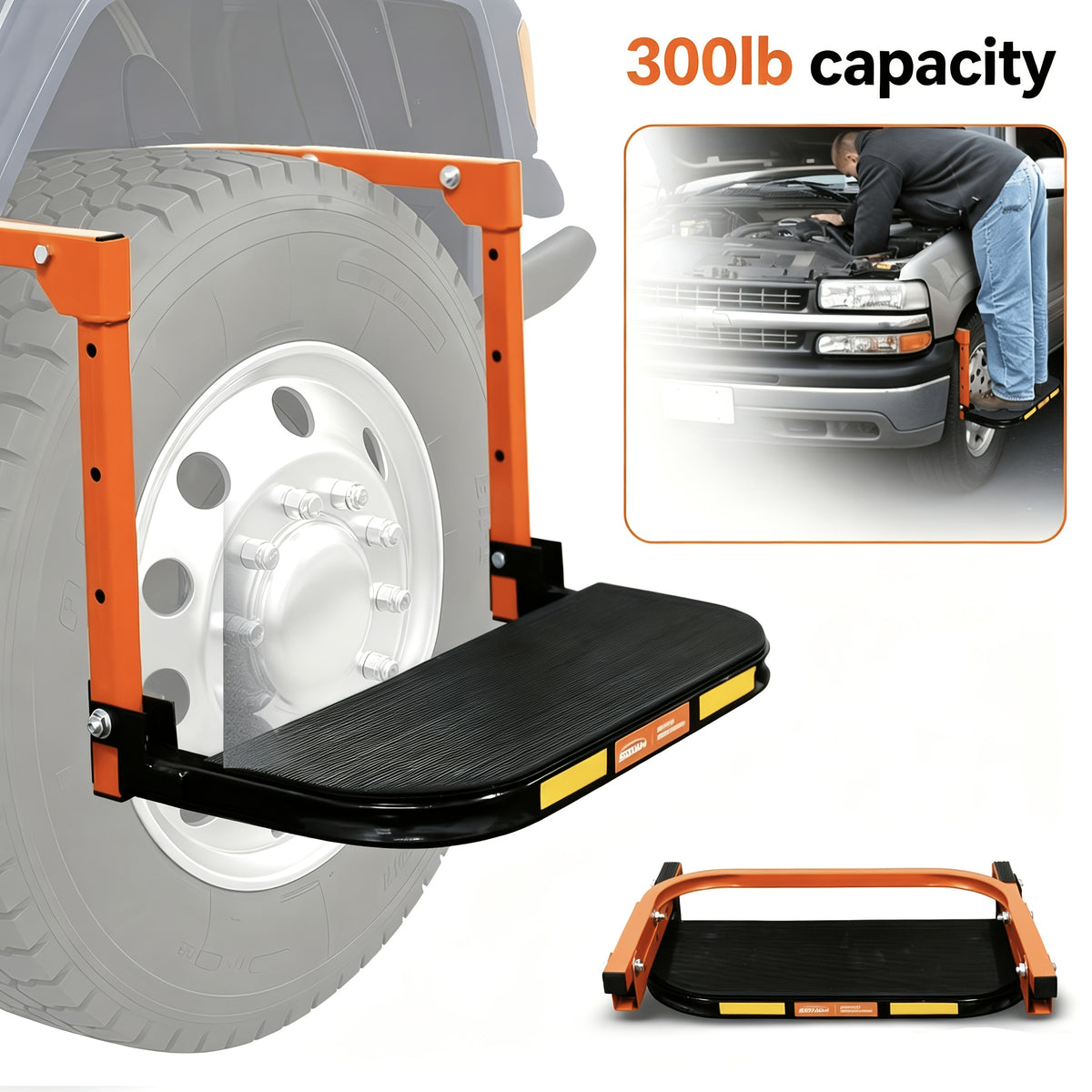 Foldable Tire Step for Compatible Truck and SUV Roof Rack Access, Adjustable Standing Platform with 300 lb, 650 lb or Upgraded Quick-Clip Option Labels