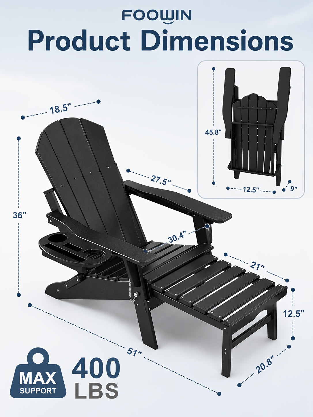 Adjustable Adirondack Chair by FOOWIN in HDPE for Patio, Lawn and Garden Seating, Single or Two-Chair Options with Selected Footrest-Free Configurations