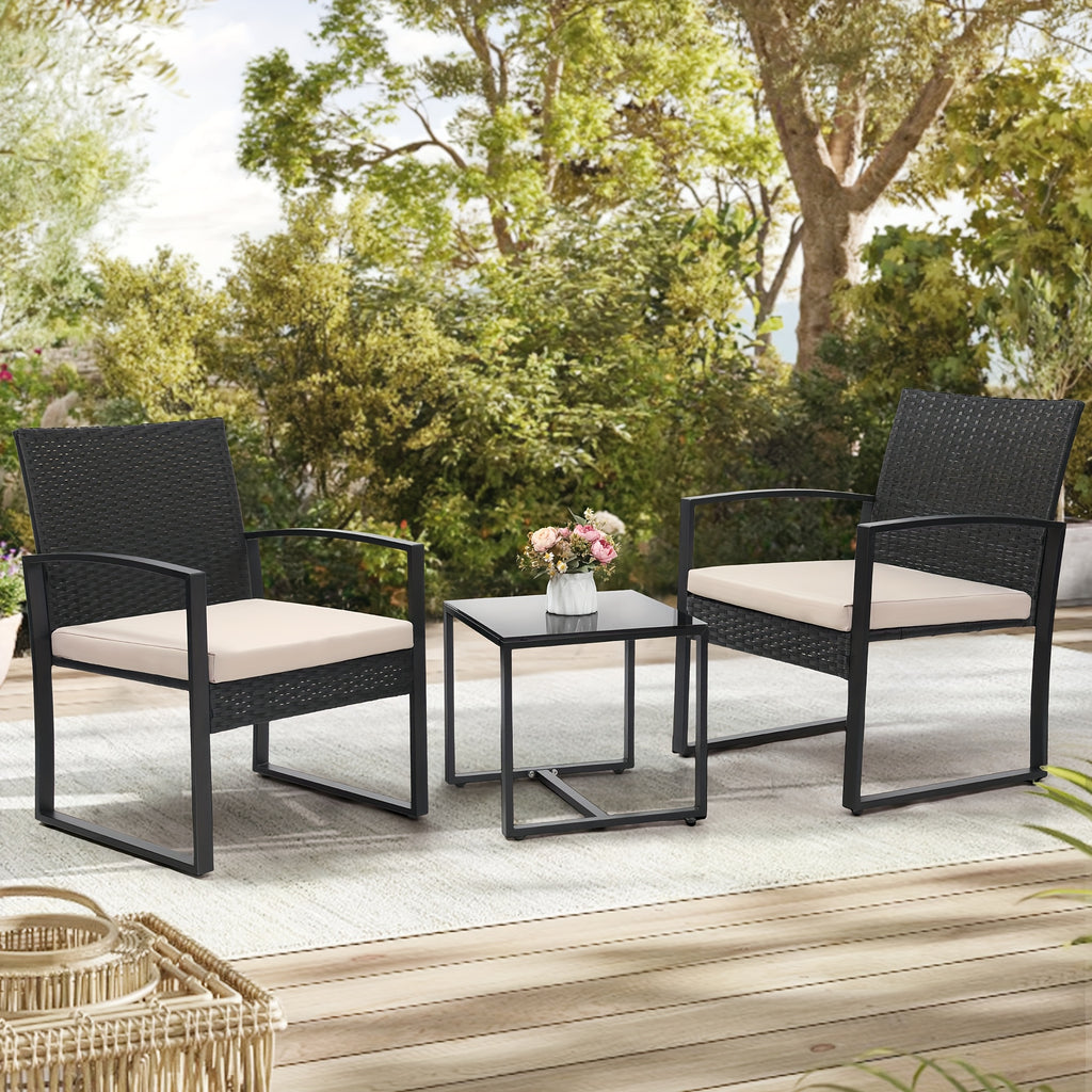 Patio Bistro Set with Black Rattan Styling, 3-Piece Outdoor Furniture with Tempered Glass Table and Gray or Black Cushions for Garden Seating and Coffee