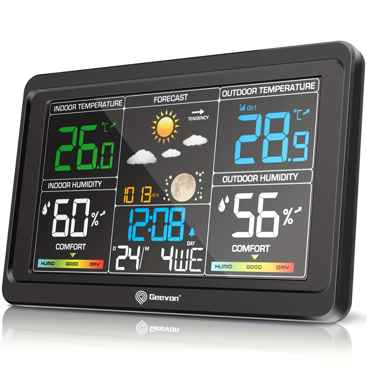 Geevon Color Display Weather Station with Listed 7.6-Inch LCD, Indoor Outdoor Temperature and Humidity, Barometer, Alarm Clock and Adjustable Backlight, Black