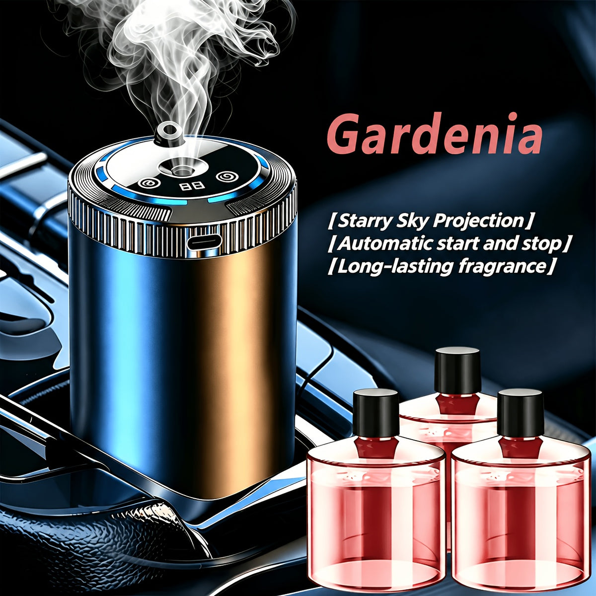 Rechargeable Car Air Freshener Set with Three Fragrance Bottles, Adjustable Smart Diffuser with Automatic Switch and Five Listed Scent Options