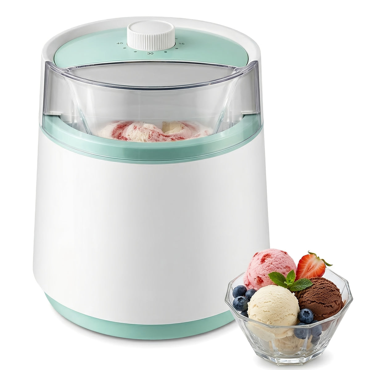 Home Ice Cream Maker with 0.8-Liter White and Green or 2-Liter Stainless Steel Color Options for Homemade Frozen Desserts, Summer Parties and Kitchen Gifts