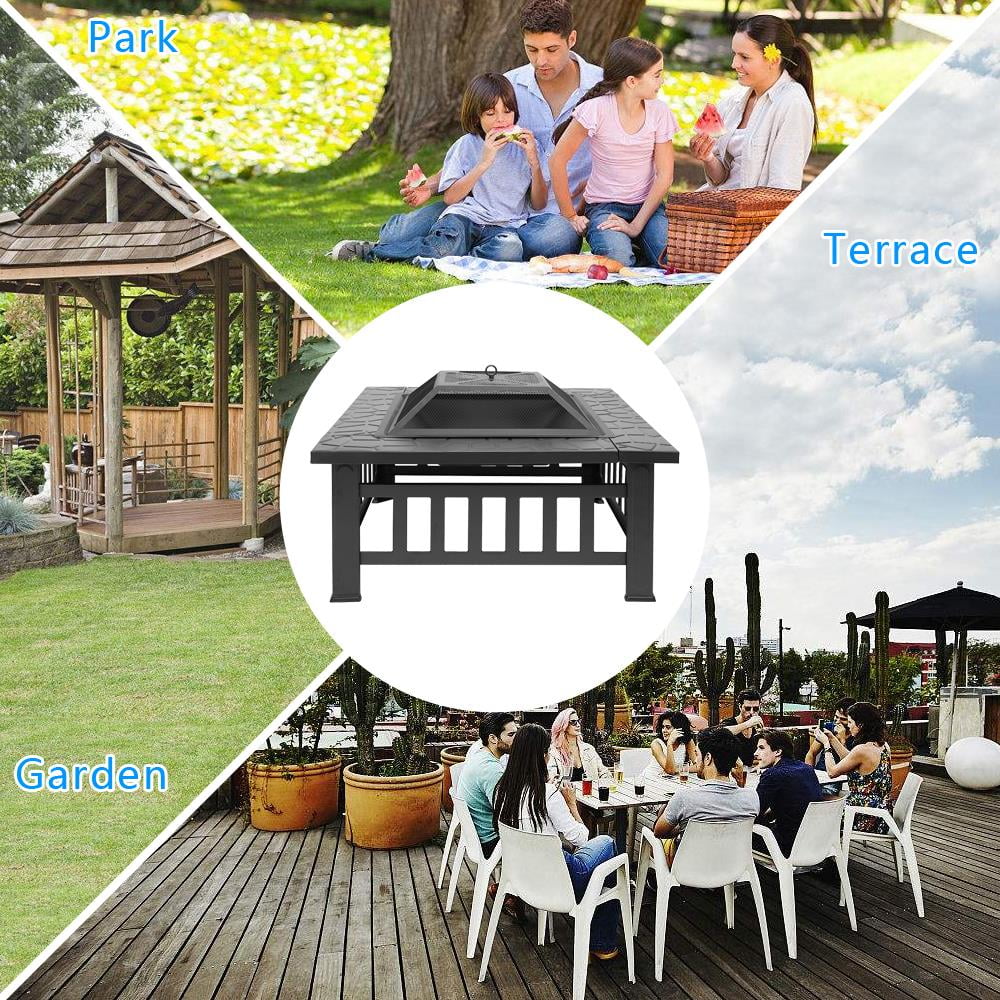 Square Wood Burning Fire Pit Table in Black Metal with Mesh Spark Screen and Poker, Four-Leg Outdoor Fire Bowl for Backyard and Patio Gatherings